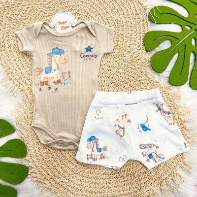 Conj. Body Cowboy e Bermuda Cavalinhos - Areia e Off White